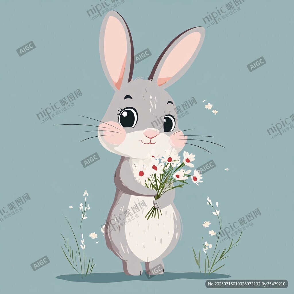 抱花的可爱小灰兔