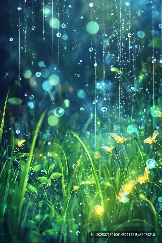 梦幻雨夜草地中的飞舞精灵
