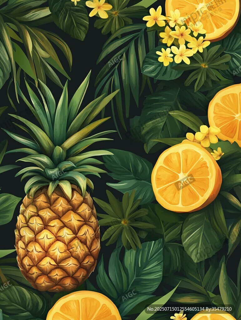 热带水果与绿植梦幻插画