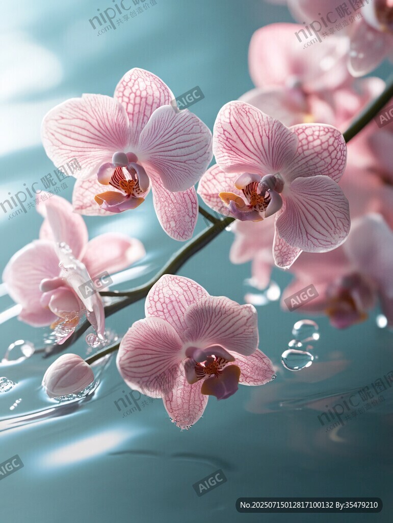 粉色蝴蝶兰绽放于水畔