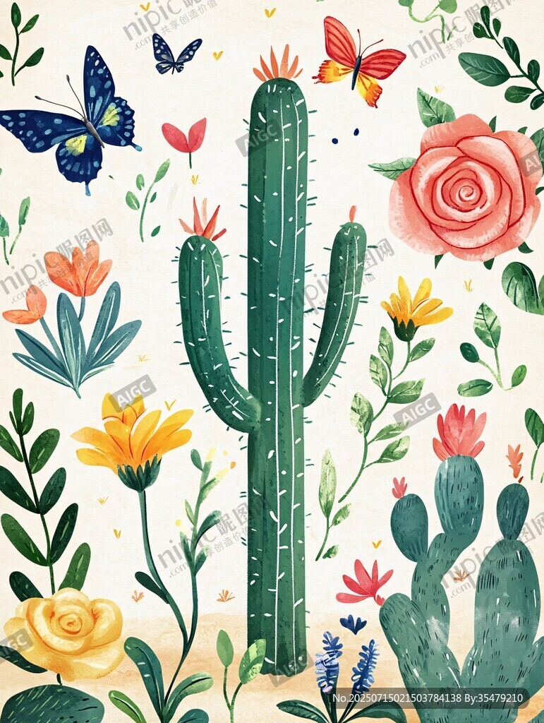 仙人掌与花卉的梦幻插画