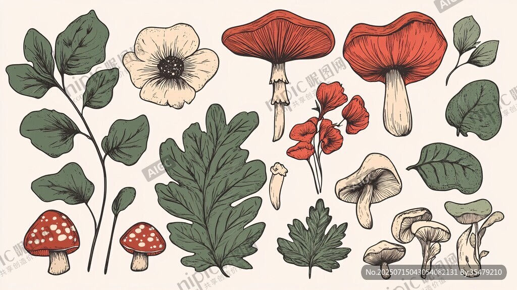 手绘植物与蘑菇插画集合