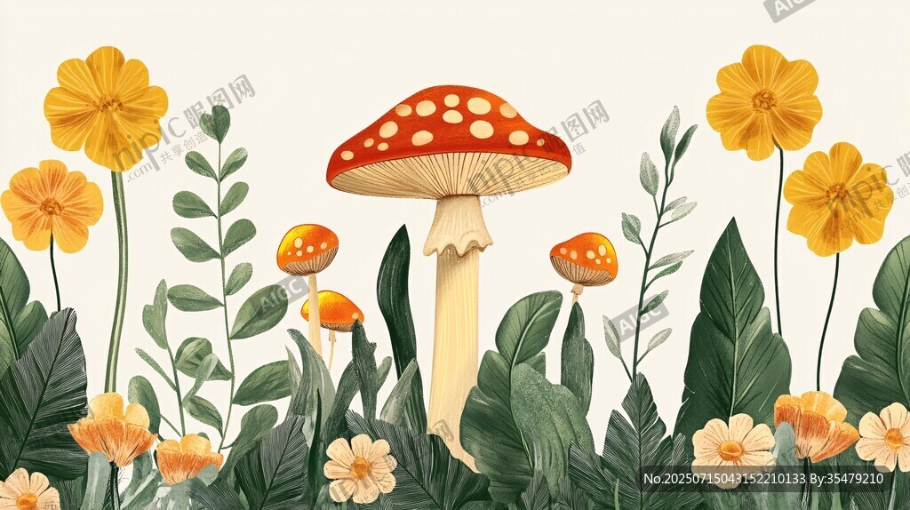 蘑菇花丛中的梦幻自然景