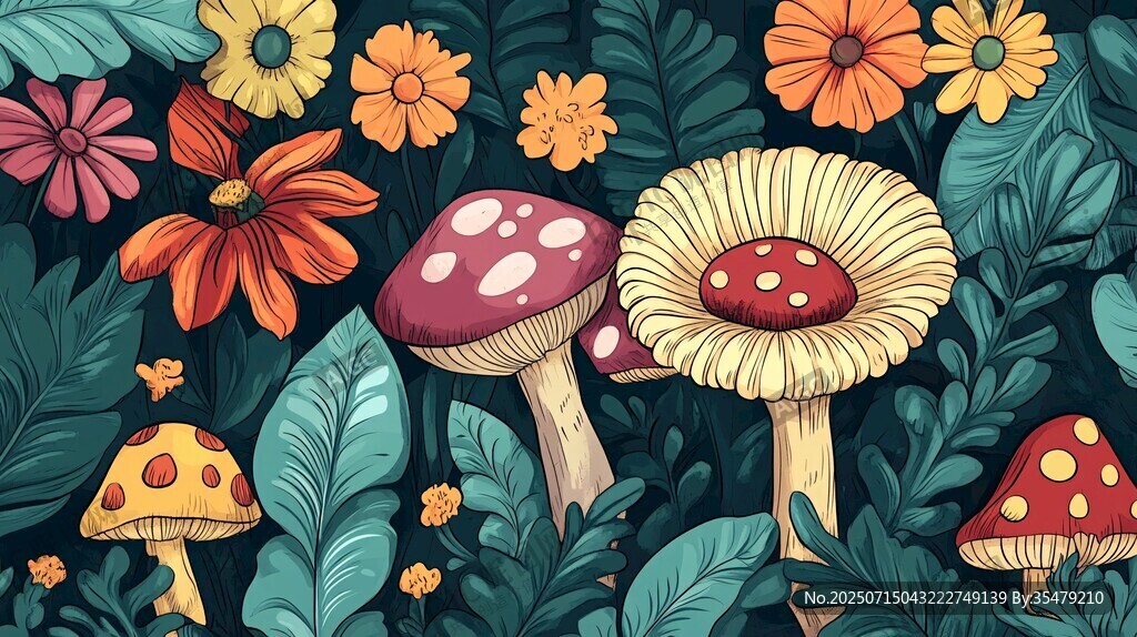 梦幻蘑菇花卉森林插画