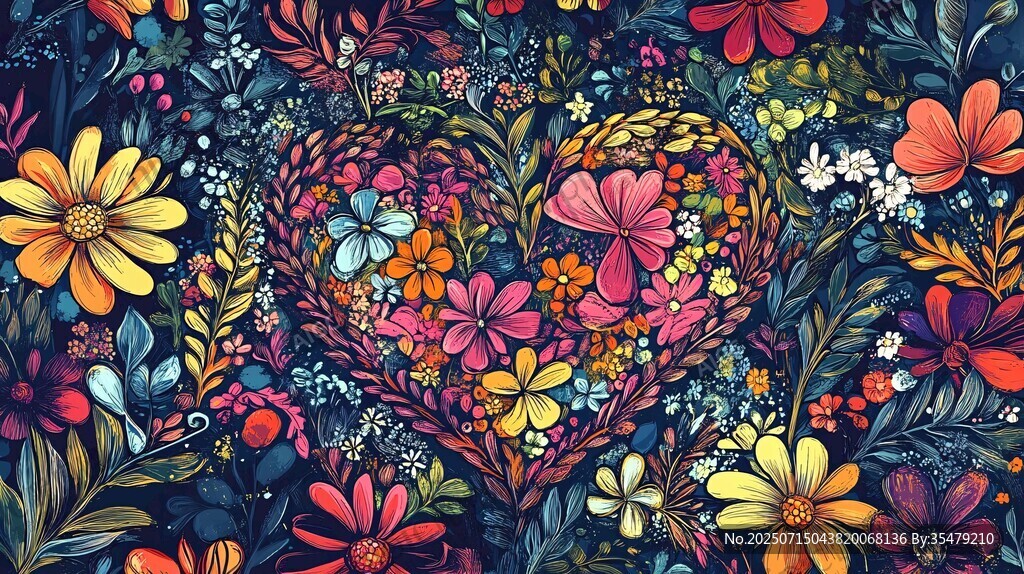 心型花卉图案的梦幻插画