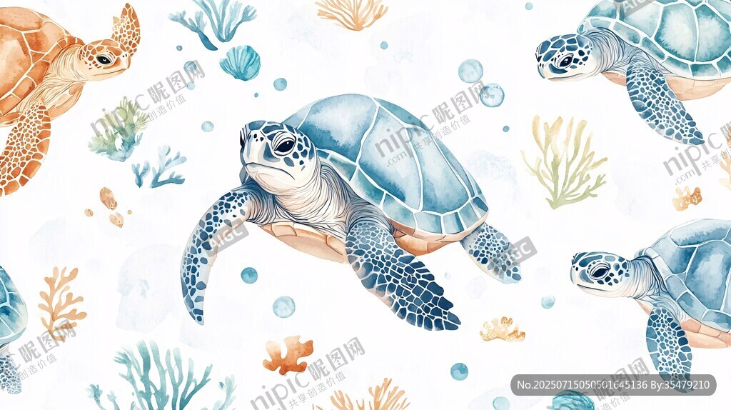 水彩海龟与海洋植物图案
