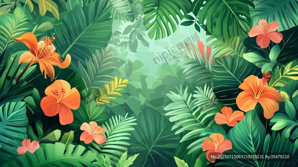 热带花卉绿植梦幻背景图