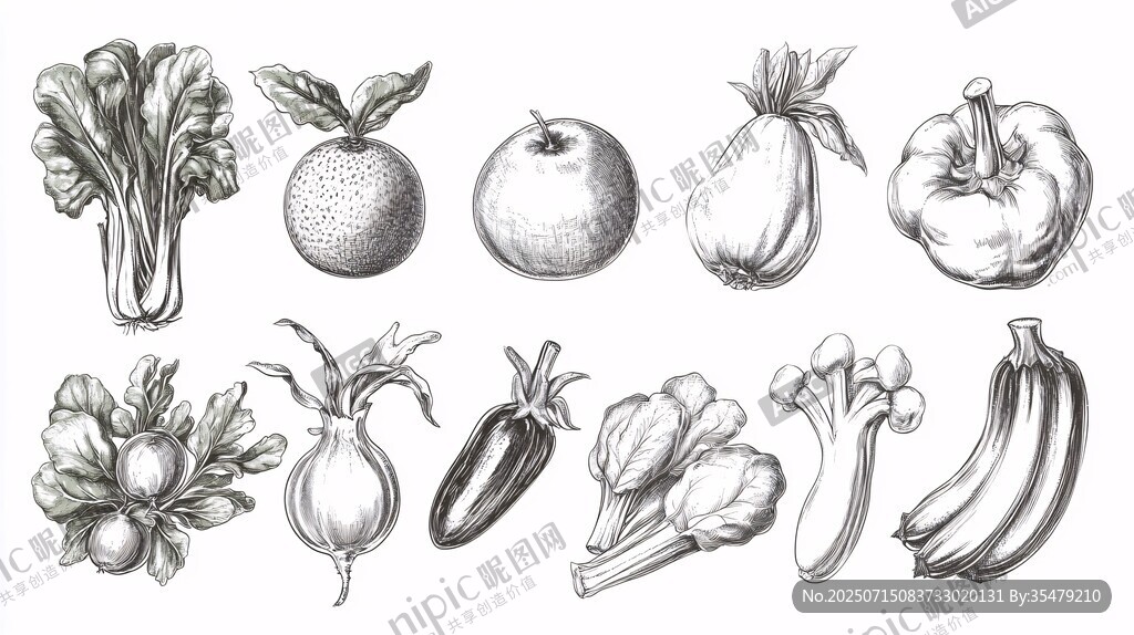 手绘蔬菜水果素描集合