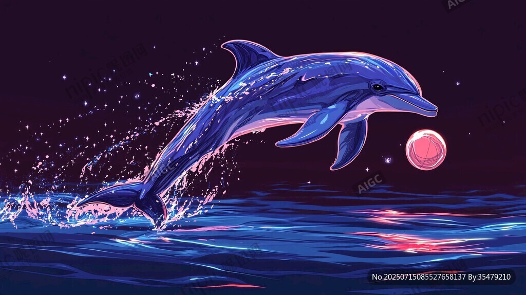 跃海海豚伴粉月奇幻景