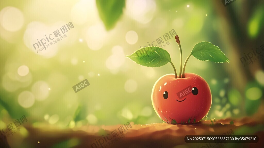可爱樱桃在绿意中微笑