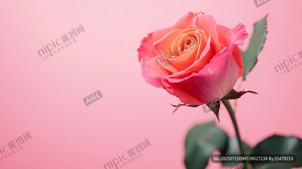 单枝粉玫瑰绽放于粉背景