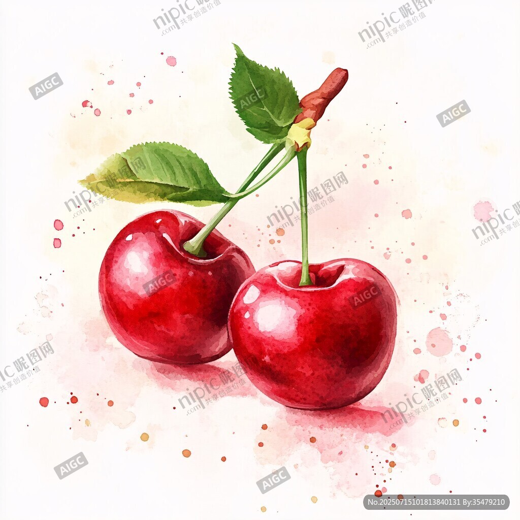 水彩绘双樱桃鲜艳欲滴
