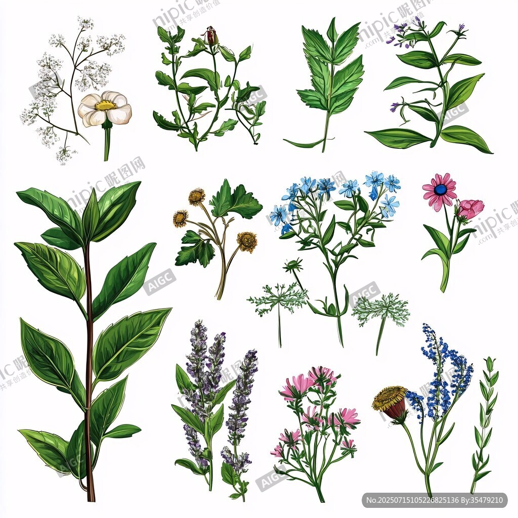 手绘多样草本花卉植物图