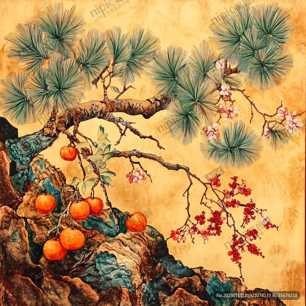 松柿梅图绘中式祥瑞景致