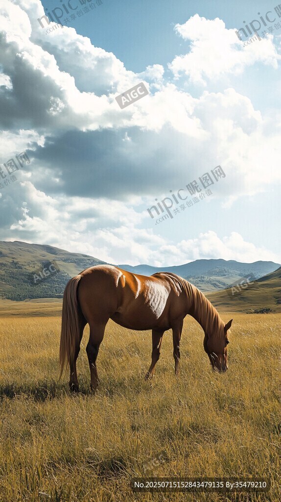 草原骏马悠然吃草的美景