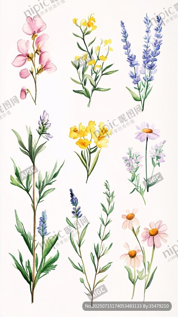 水彩绘多彩花卉集合