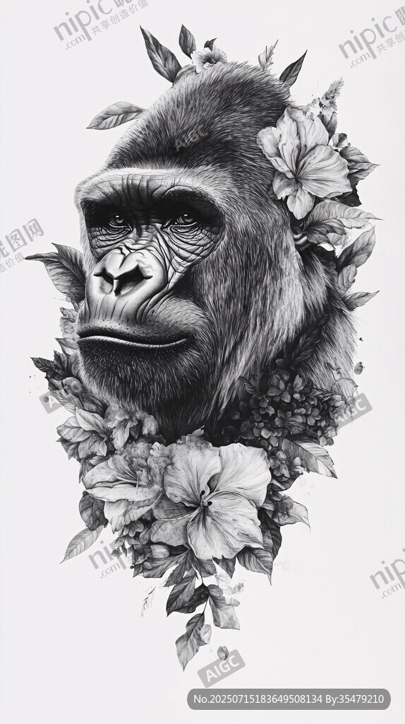 大猩猩花卉黑白插画