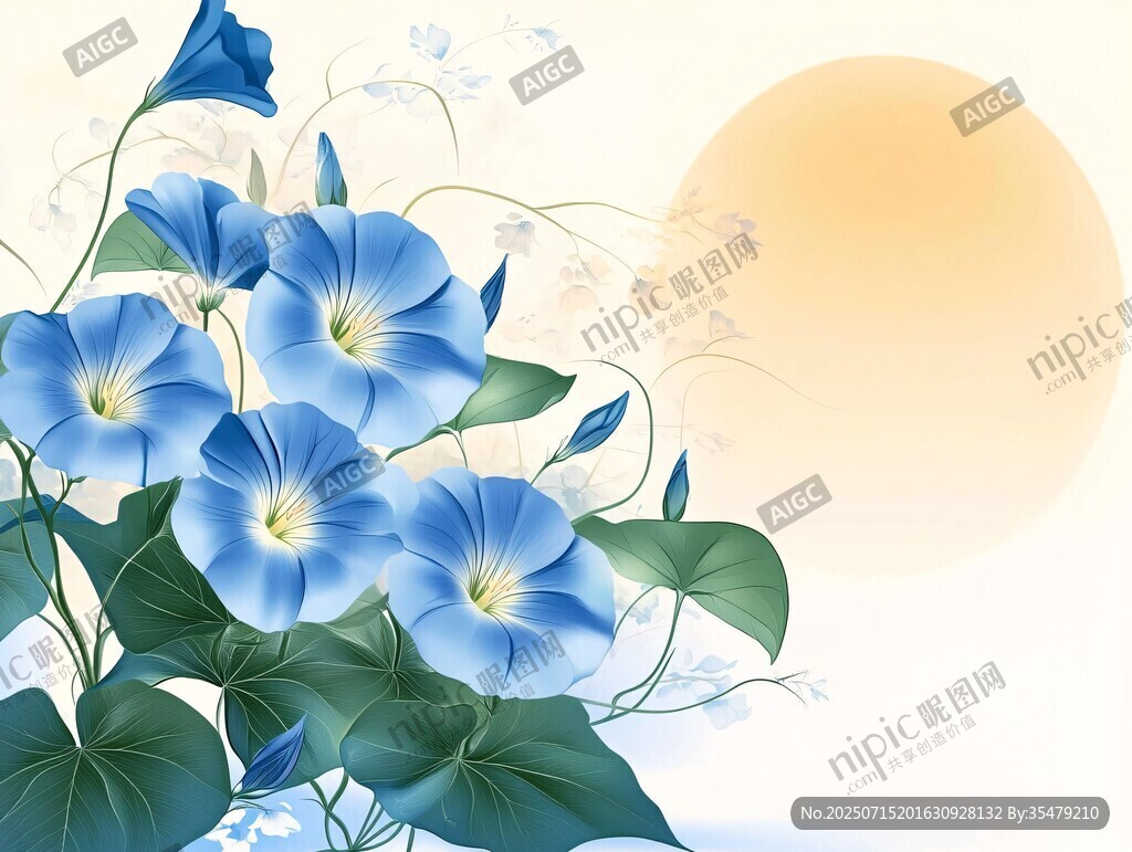 朝阳下的蓝色牵牛花绽放