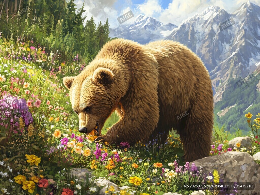 山野棕熊嗅闻缤纷花朵