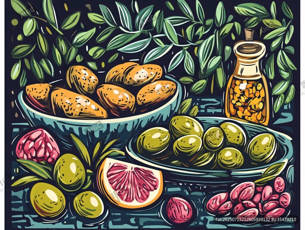 橄榄美食与果物插画展示