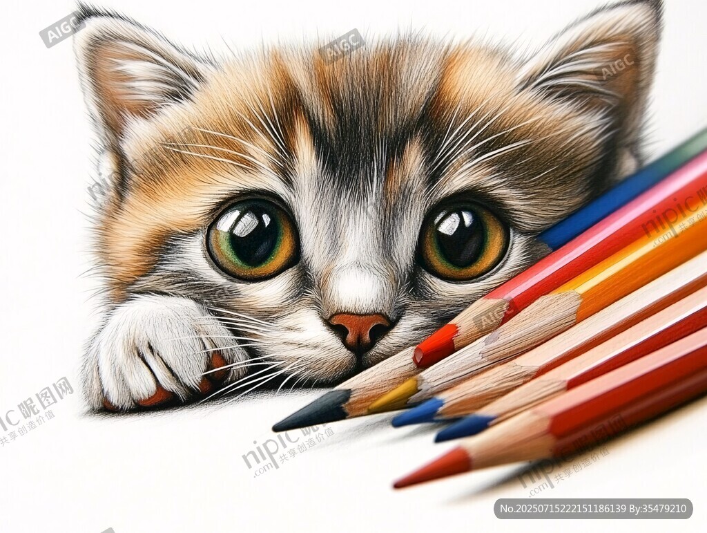 可爱小猫与彩色铅笔相伴