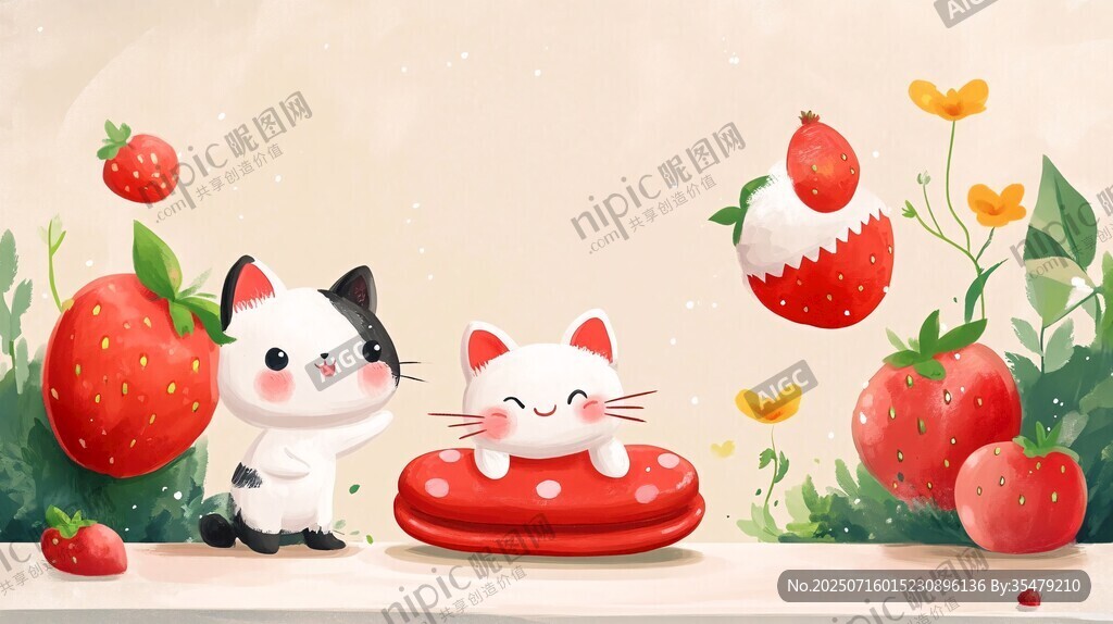 可爱猫咪与草莓的甜蜜场景