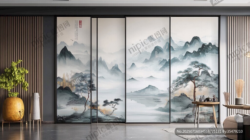 中式山水风客厅移门装饰