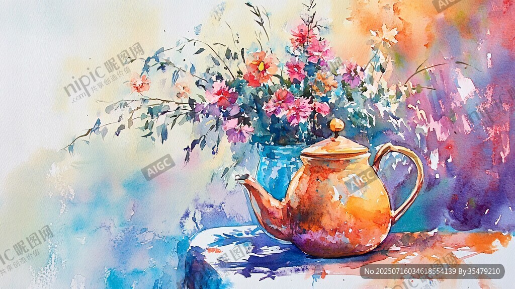 水彩画中的茶壶与花卉