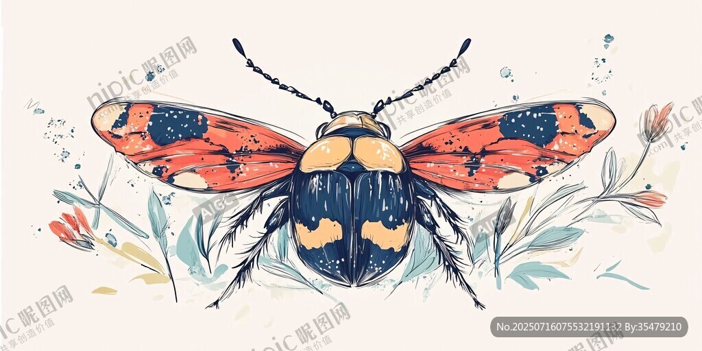 彩色甲虫插画 花卉相伴