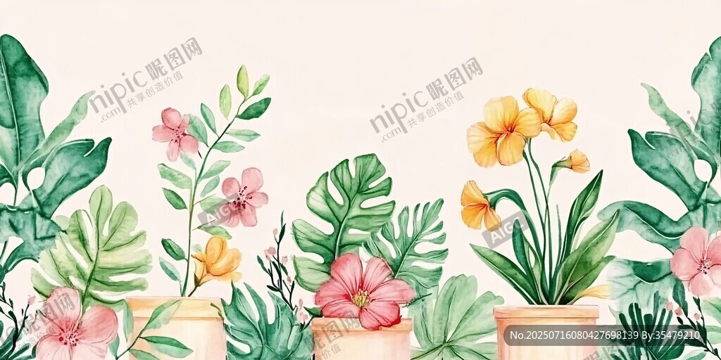 热带花卉盆栽水彩插画