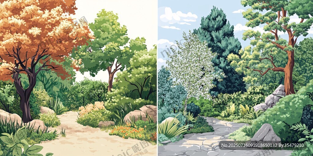 四季森林小径风景插画