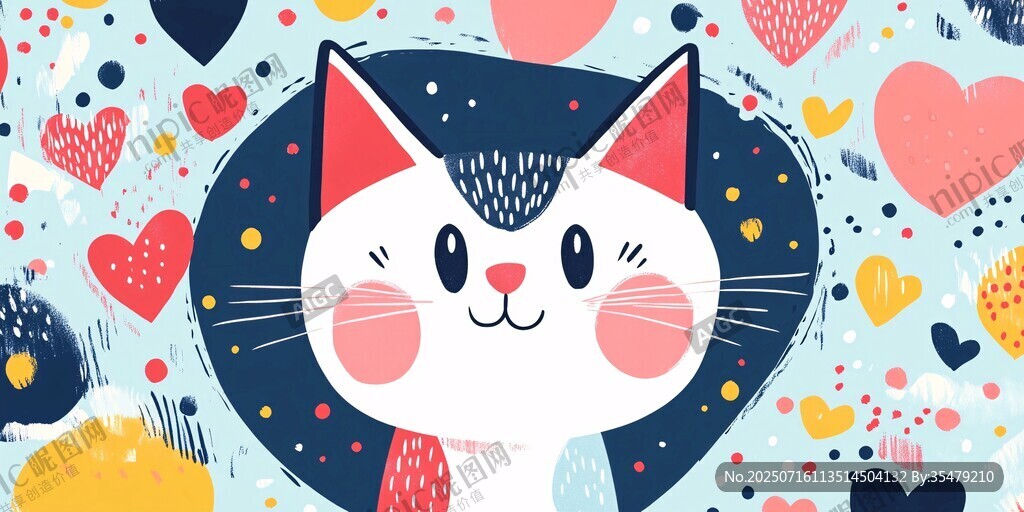 可爱猫咪与多彩爱心图案