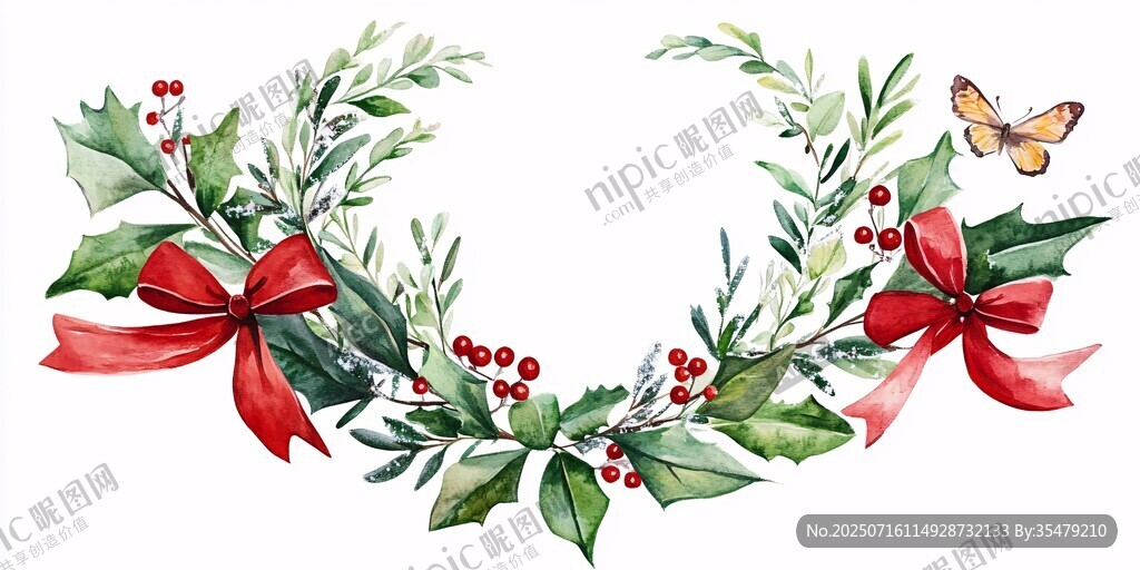圣诞花环水彩插画