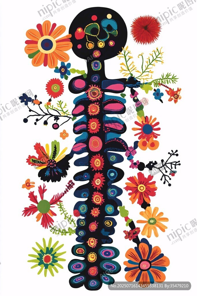 花卉环绕的创意骨架插画