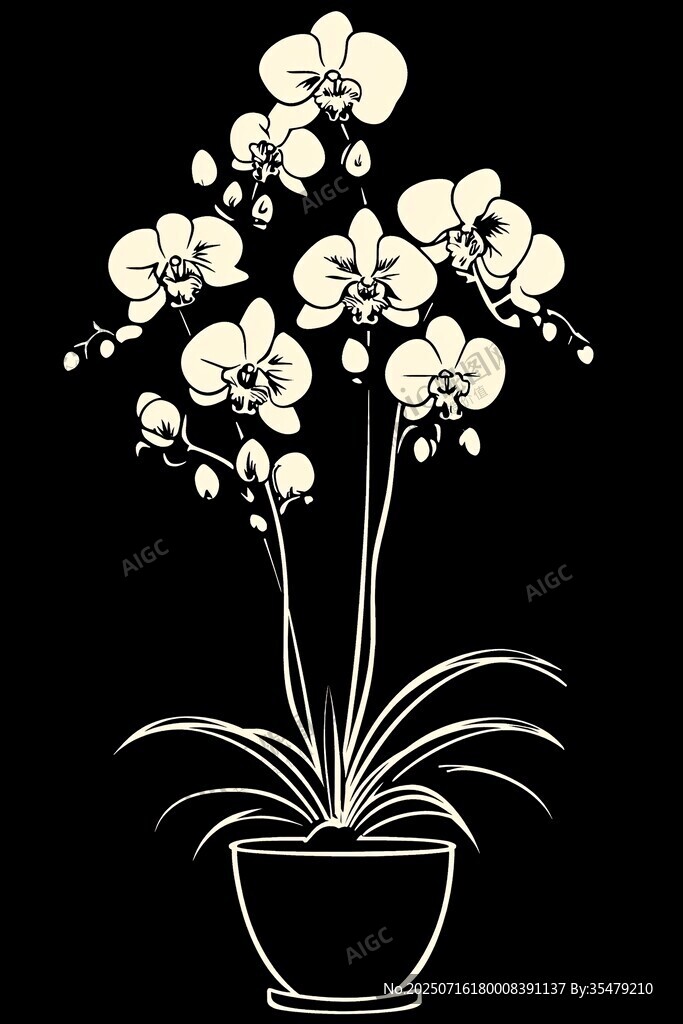 黑白兰花盆栽插画