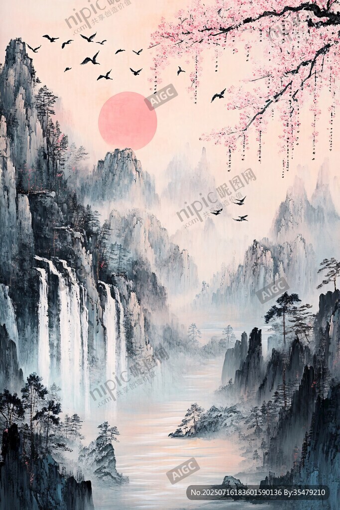 水墨山水间的落日飞鸟景