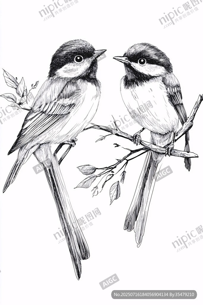 枝头双鸟黑白素描图