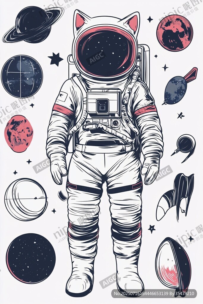 宇航喵与星际元素插画
