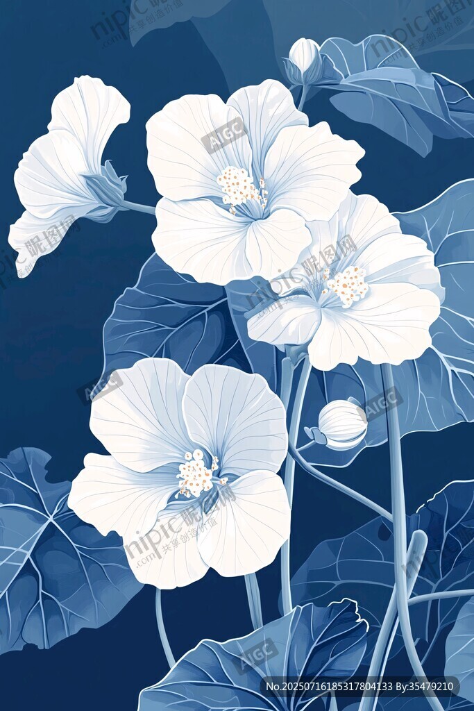 蓝底白花植物插画