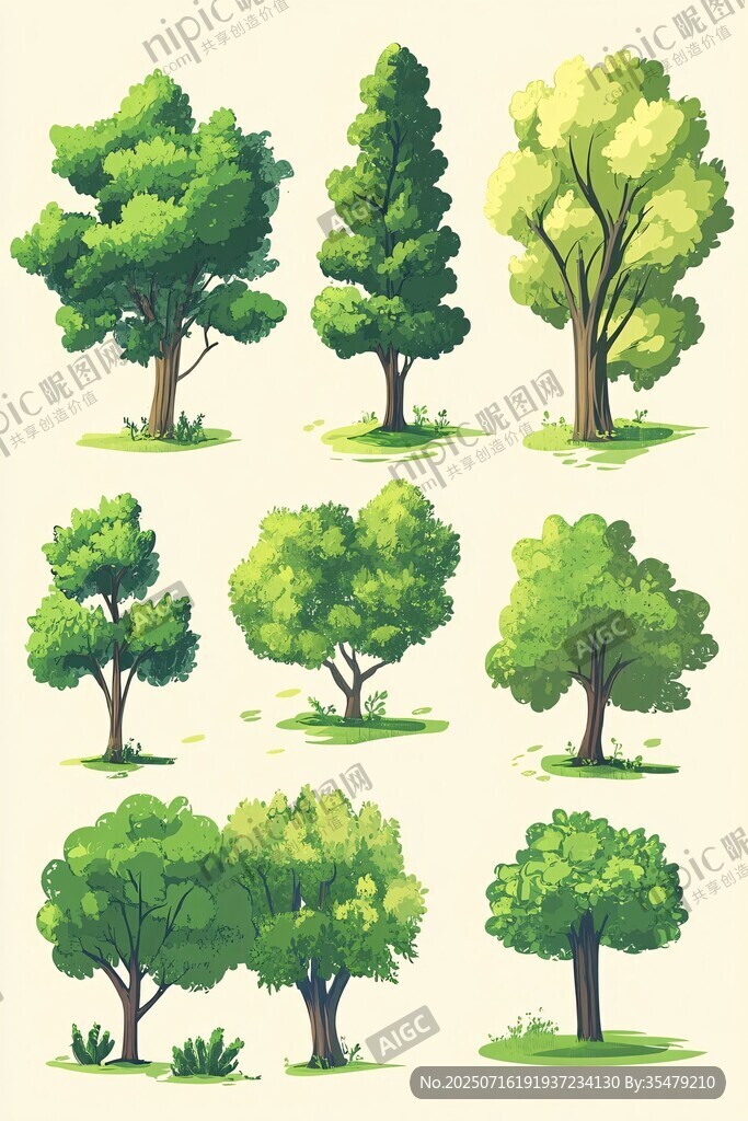 多样卡通风格绿树插画