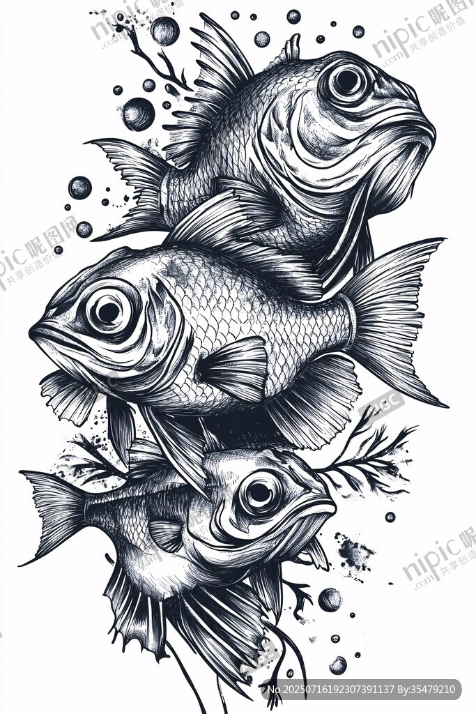 三条鱼的黑白插画图案