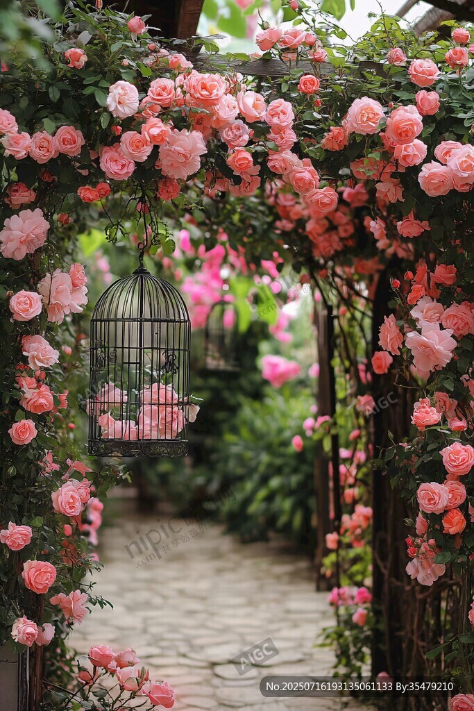 蔷薇花架下的梦幻鸟笼