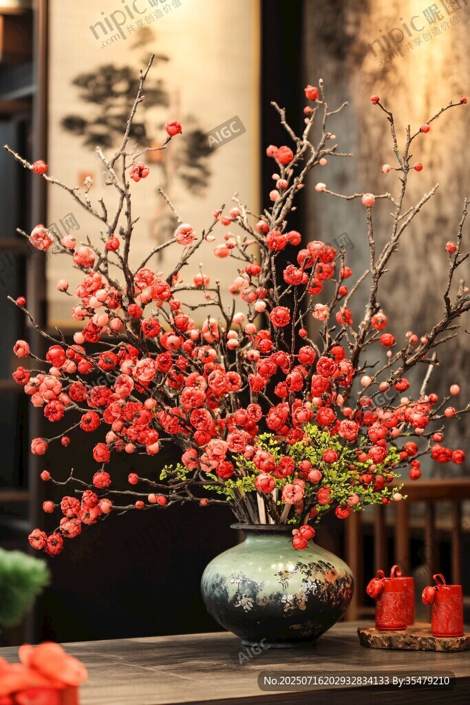 中式花瓶插满艳丽红梅