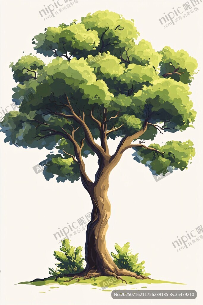 单棵繁茂绿树插画