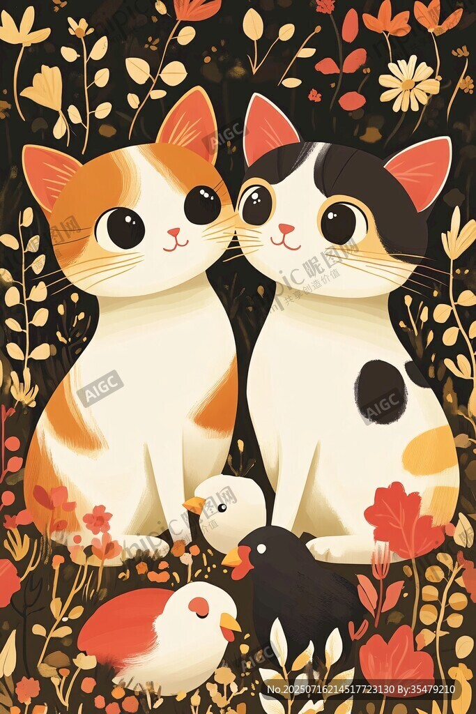 两只萌猫与小鸟的温馨画面
