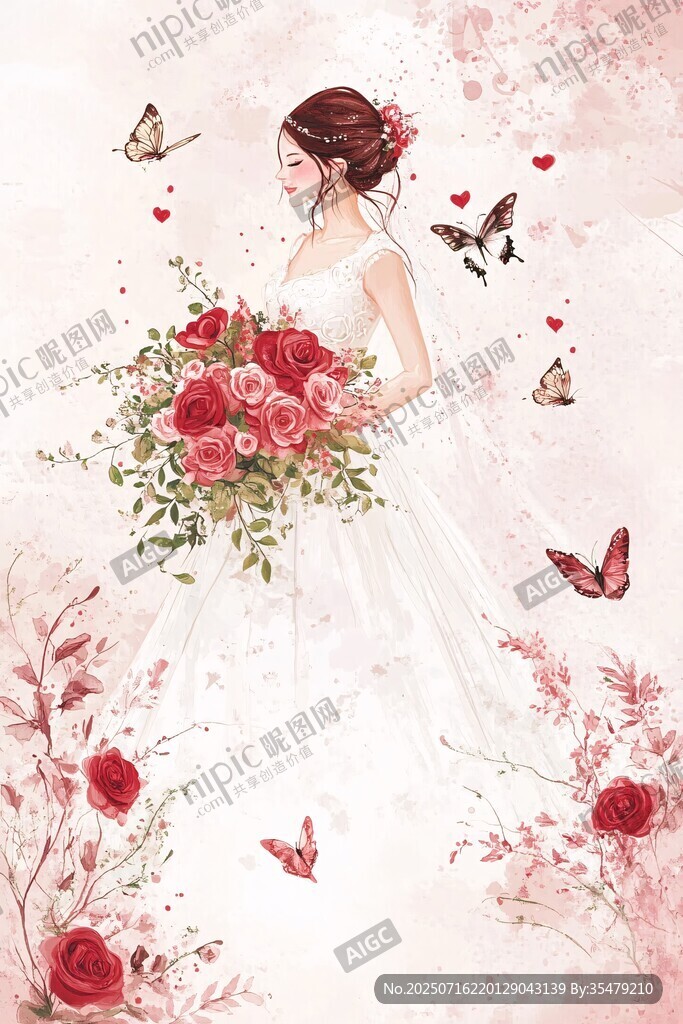 唯美新娘与玫瑰蝴蝶相伴