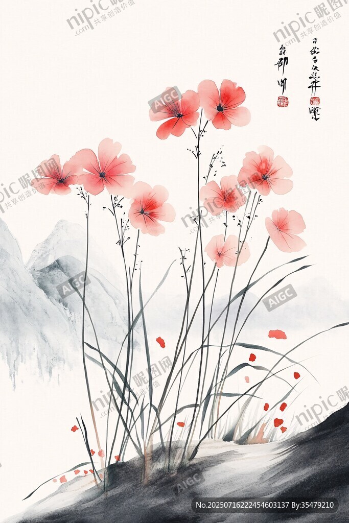 水墨绘就的艳丽花卉景致