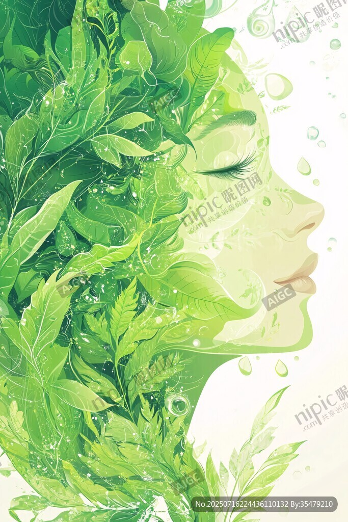 绿叶幻化成的梦幻女性侧颜