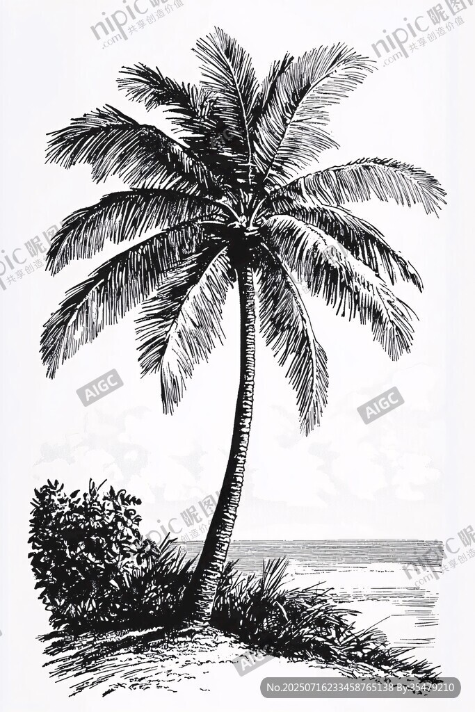海边单棵椰子树黑白插画