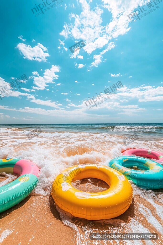 海滩上多彩泳圈与海浪美景